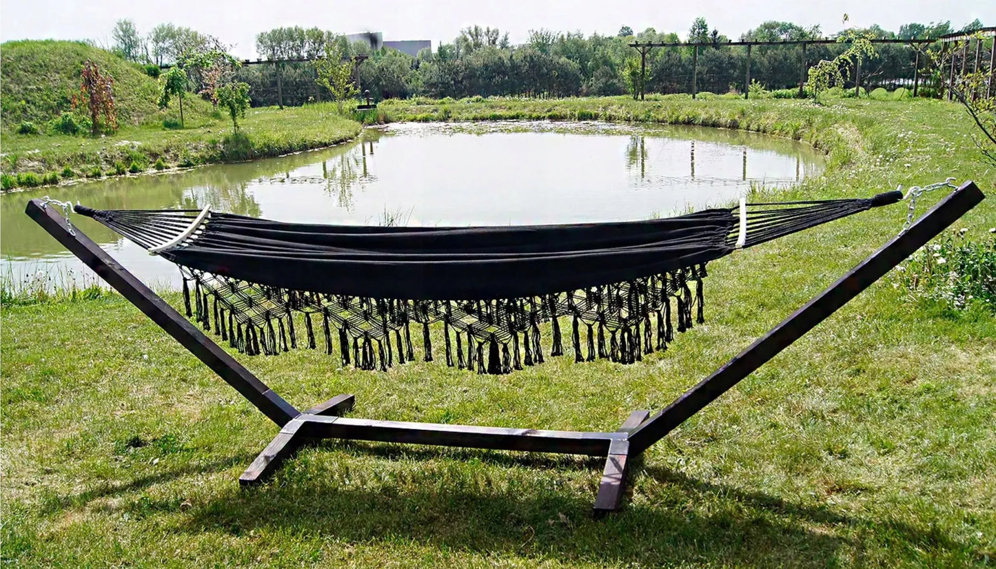 Dvivietis hamako rinkinys su stovu BOHO JUODAS nešiojamas komplektas COMFORT ZONE 200KG
