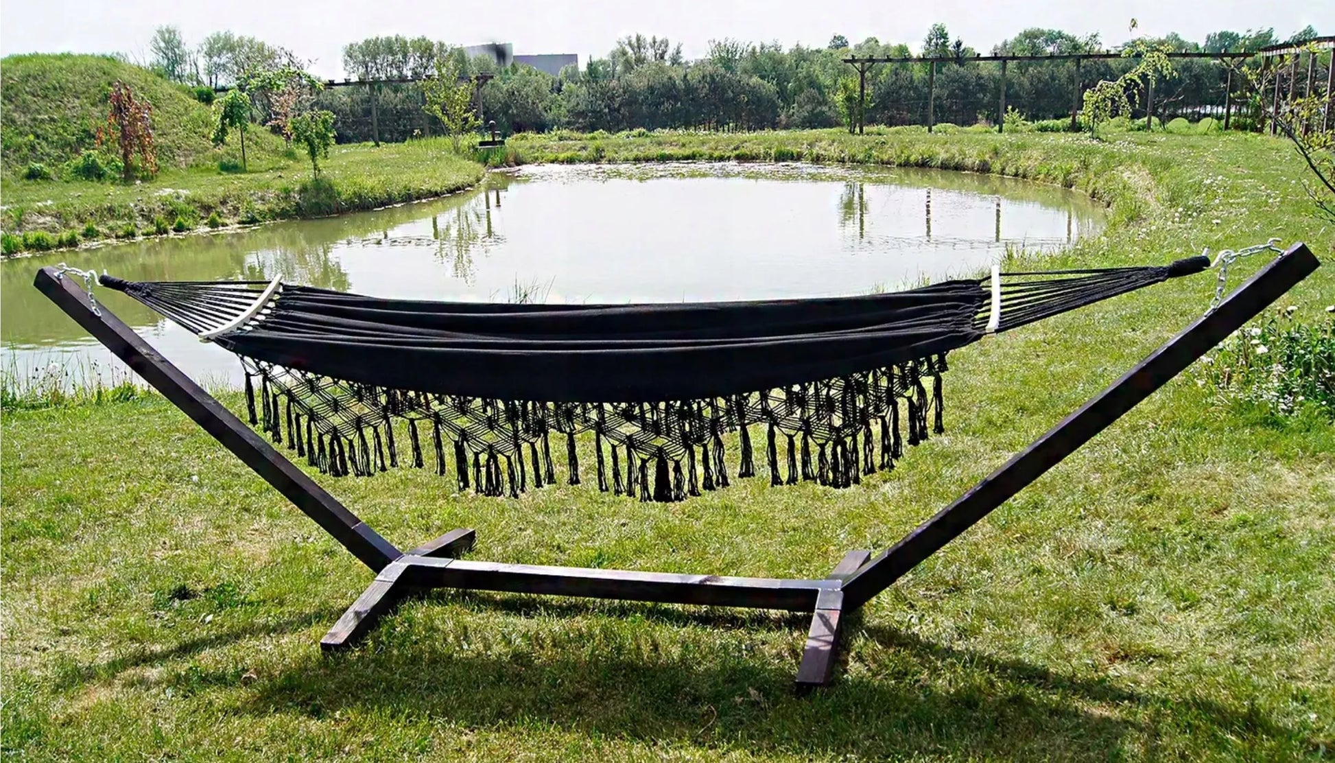 Dvivietis hamako rinkinys su stovu BOHO JUODAS nešiojamas komplektas COMFORT ZONE 200KG
