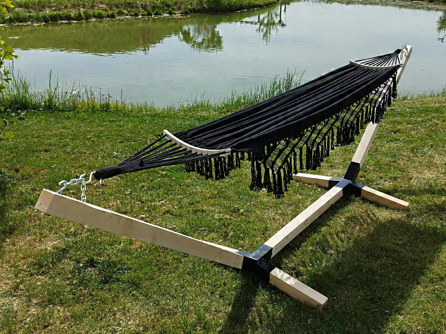 Nešiojamas dvivietis hamakas su stovu BOHO JUODAS, COMFORT ZONE 200kg