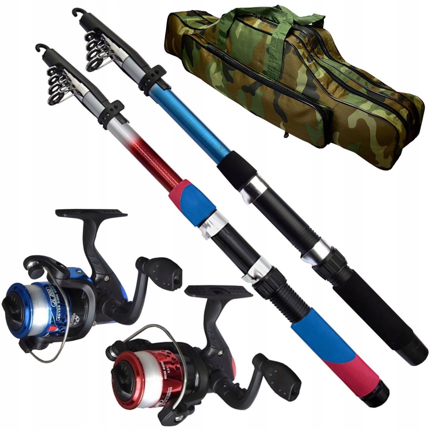 Žvejybos rinkinys 2x meškerė 2x ritė krepšys tinklas stovai jaukas priedai