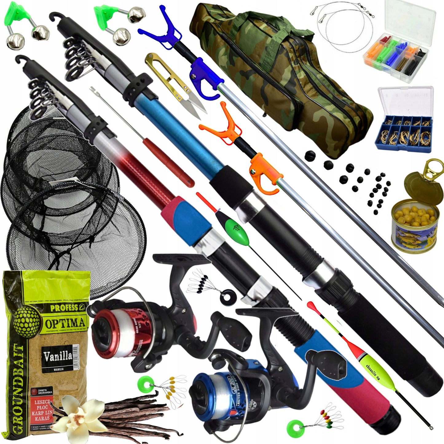 Žvejybos rinkinys 2x meškerė 2x ritė krepšys tinklas stovai jaukas priedai