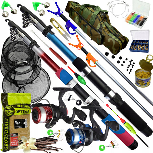 Žvejybos rinkinys 2x meškerė 2x ritė krepšys tinklas stovai jaukas priedai