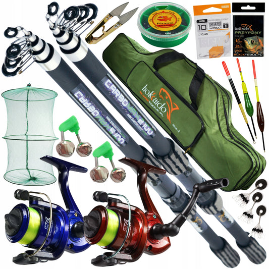 Žvejybos rinkinys plūdinis 2.1m, dvi meškerės, 2x ritės, didelis 17 dalių rinkinys HK