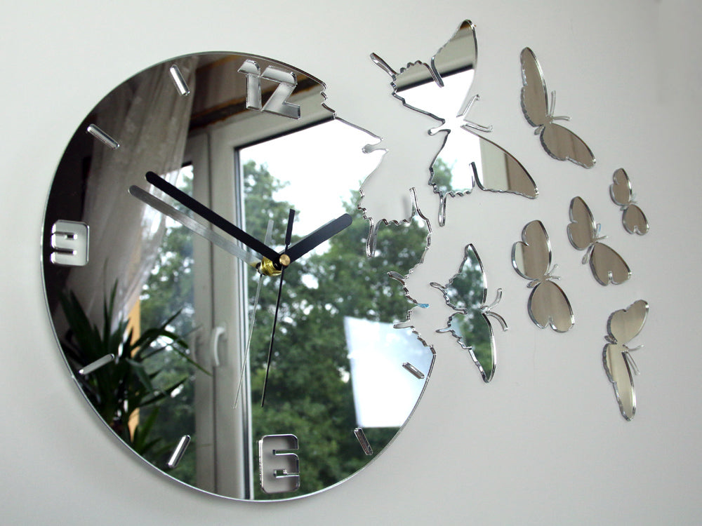 ModernClock sieninis laikrodis - Drugeliai Veidrodis DIY