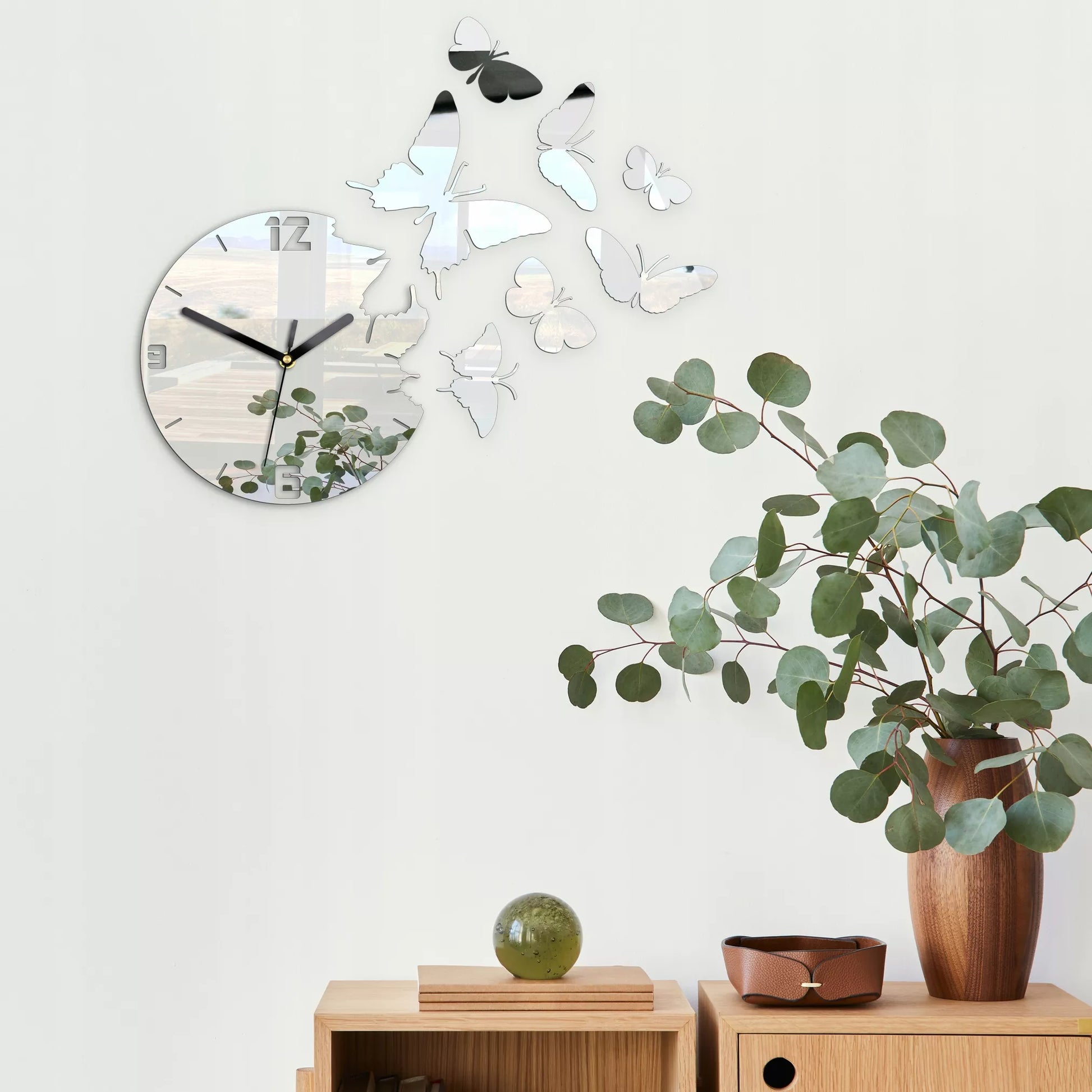 ModernClock sieninis laikrodis - Drugeliai Veidrodis DIY