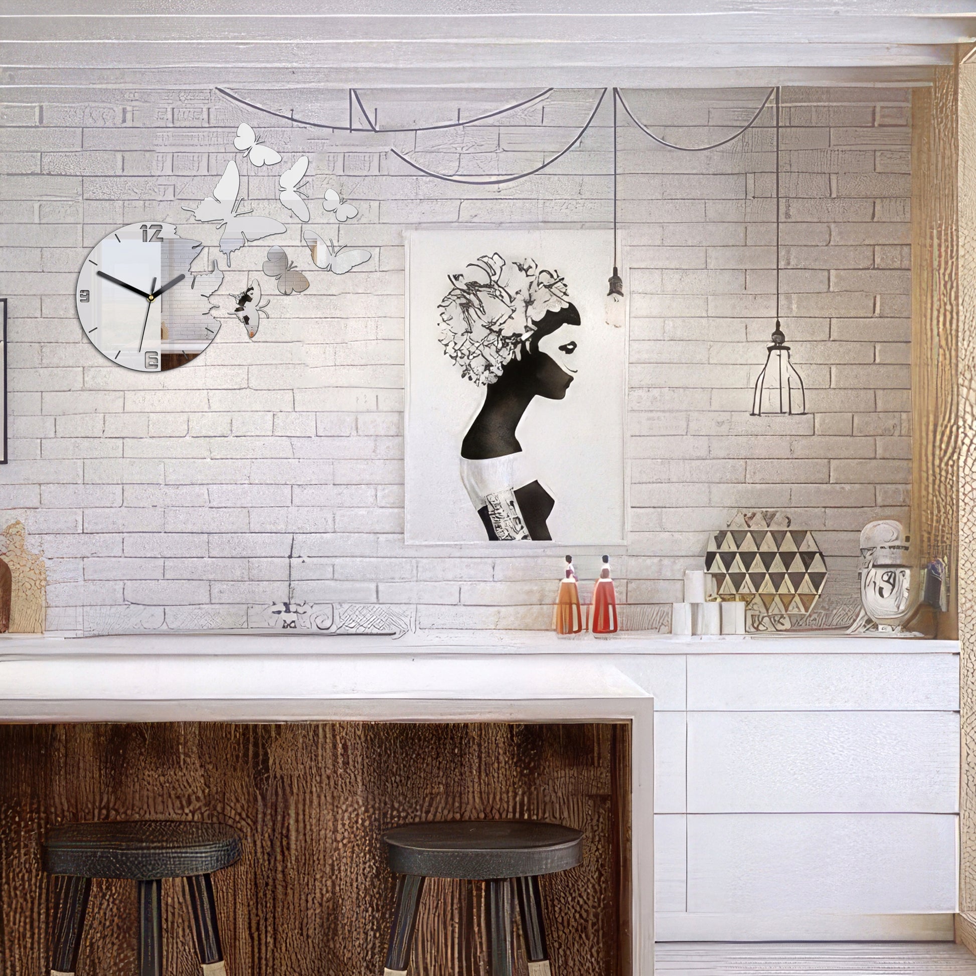 ModernClock sieninis laikrodis - Drugeliai Veidrodis DIY