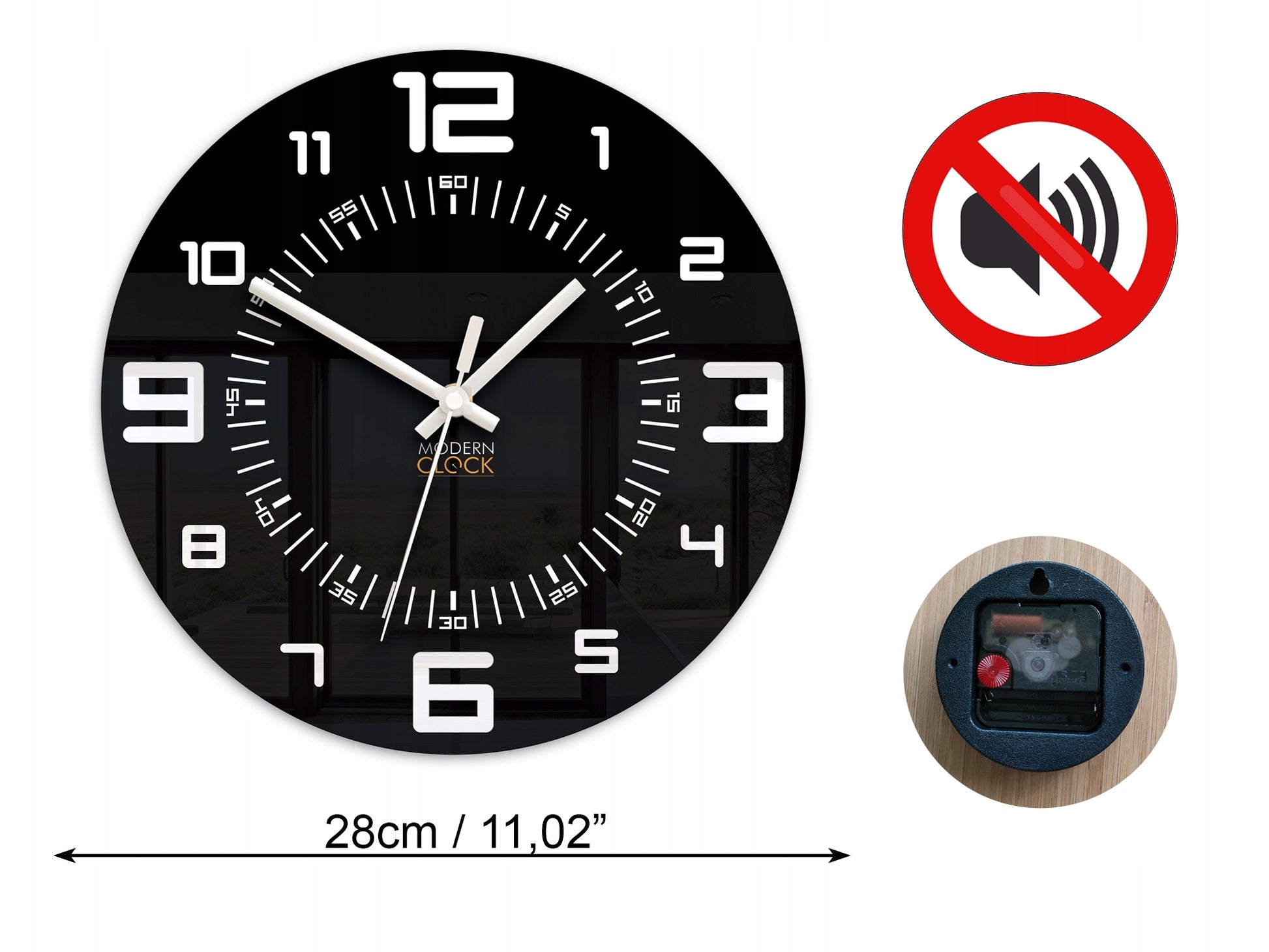 Sieninis laikrodis ROCKY juodai baltas 3D tylus, įskaitomumas, blizgus 28 CM