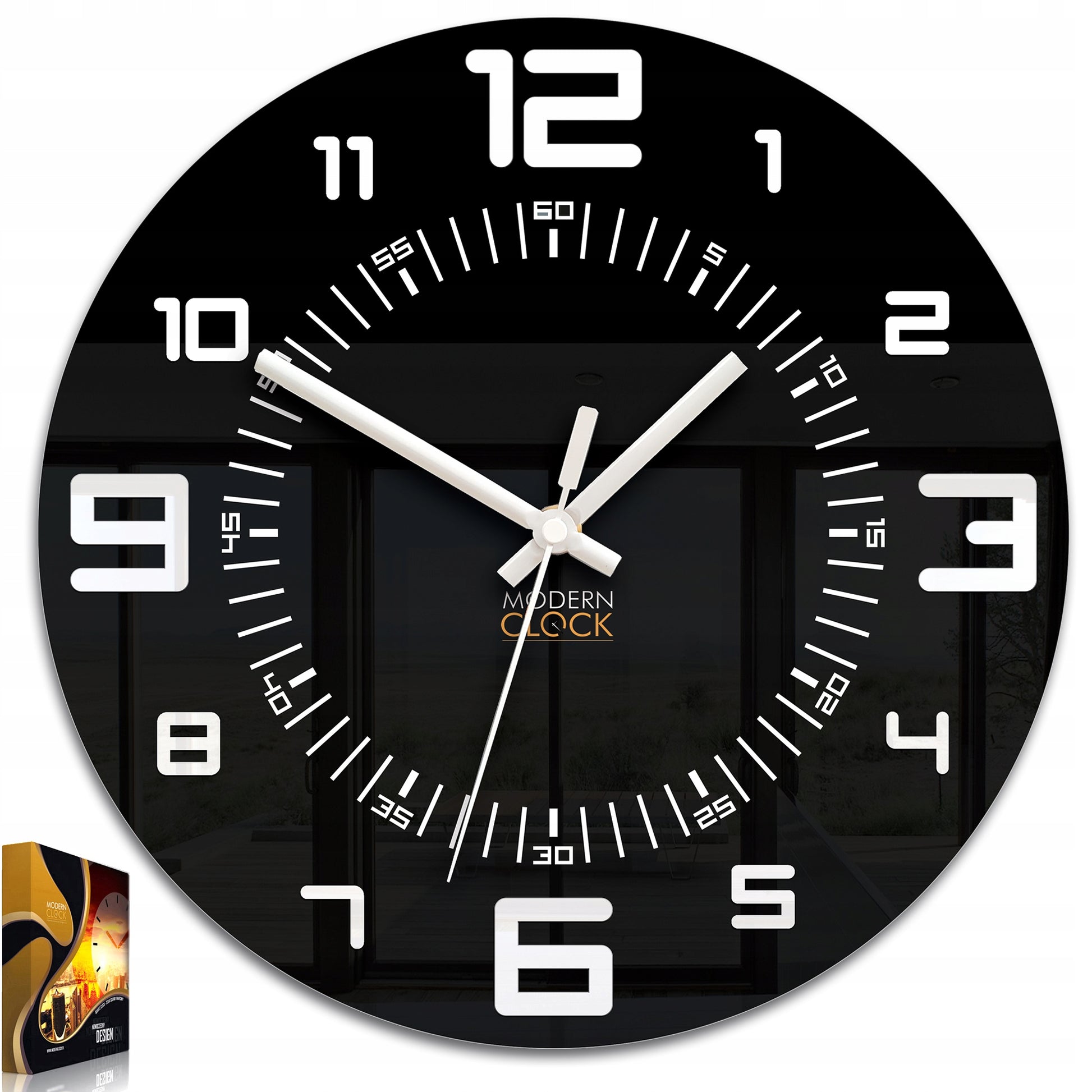 Sieninis laikrodis ROCKY juodai baltas 3D tylus, įskaitomumas, blizgus 28 CM