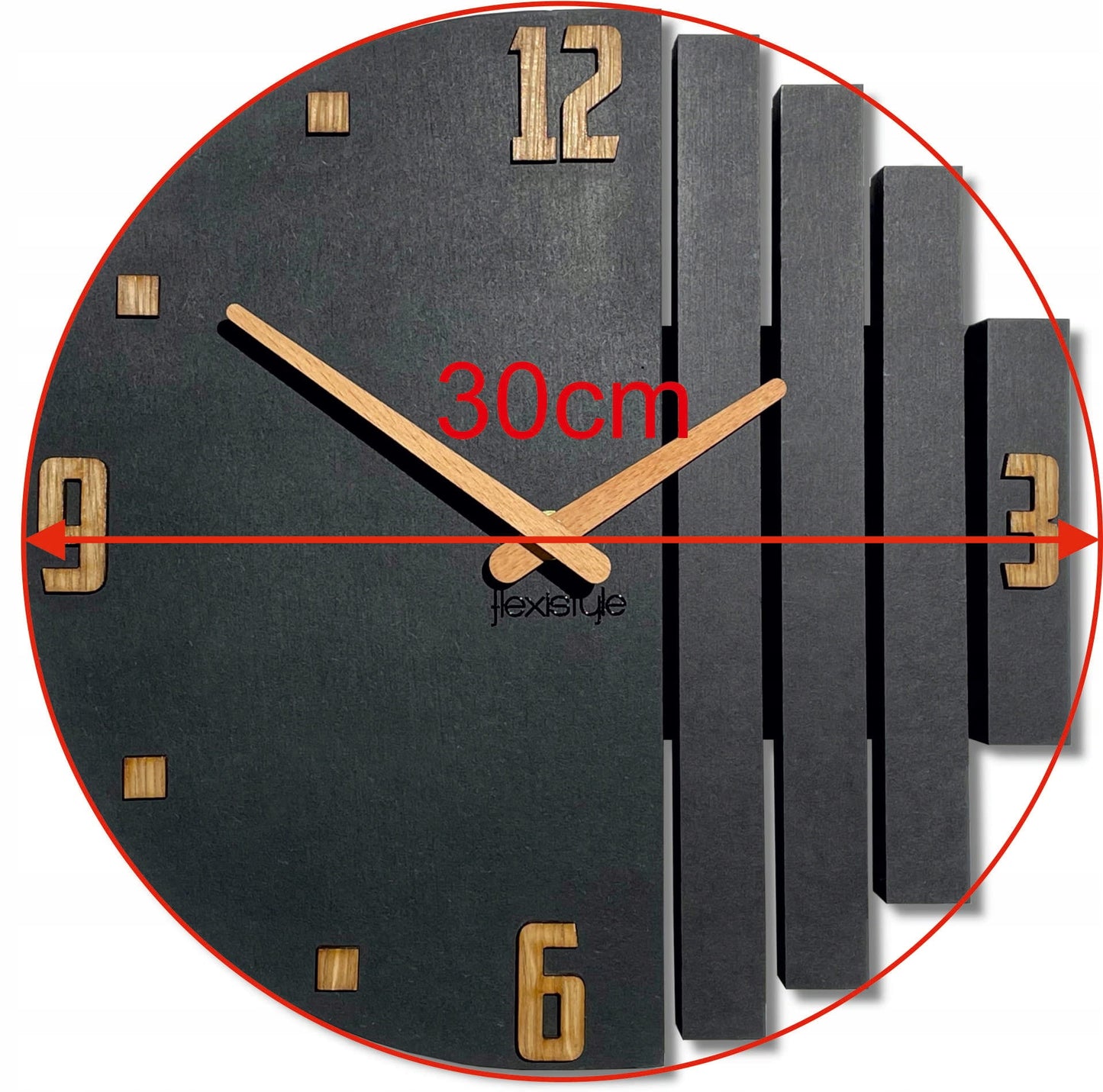 Medinis sieninis laikrodis Asimetrija 30cm juodas tylus svetainei FLEXISTYLE