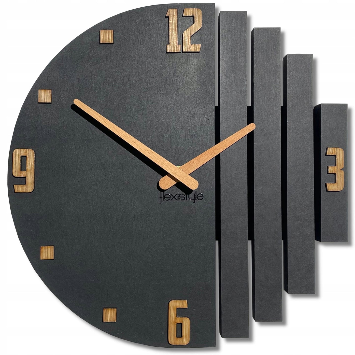 Medinis sieninis laikrodis Asimetrija 30cm juodas tylus svetainei FLEXISTYLE