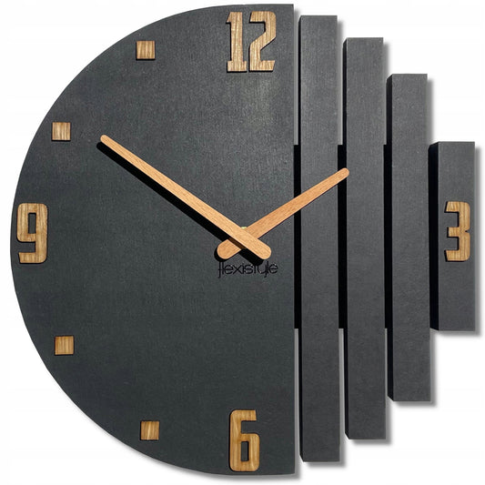 Medinis sieninis laikrodis Asimetrija 30cm juodas tylus svetainei FLEXISTYLE
