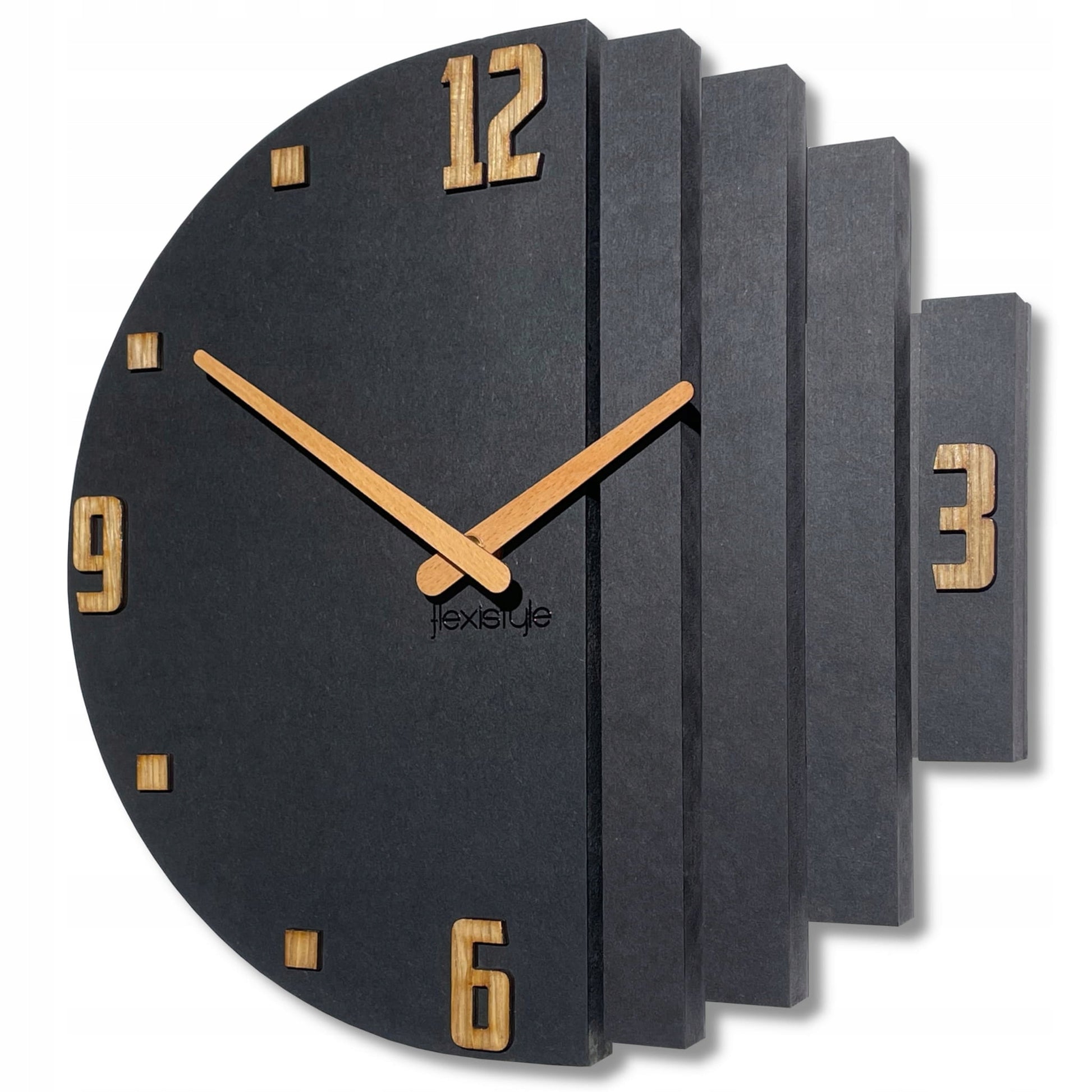 Medinis sieninis laikrodis Asimetrija 30cm juodas tylus svetainei FLEXISTYLE