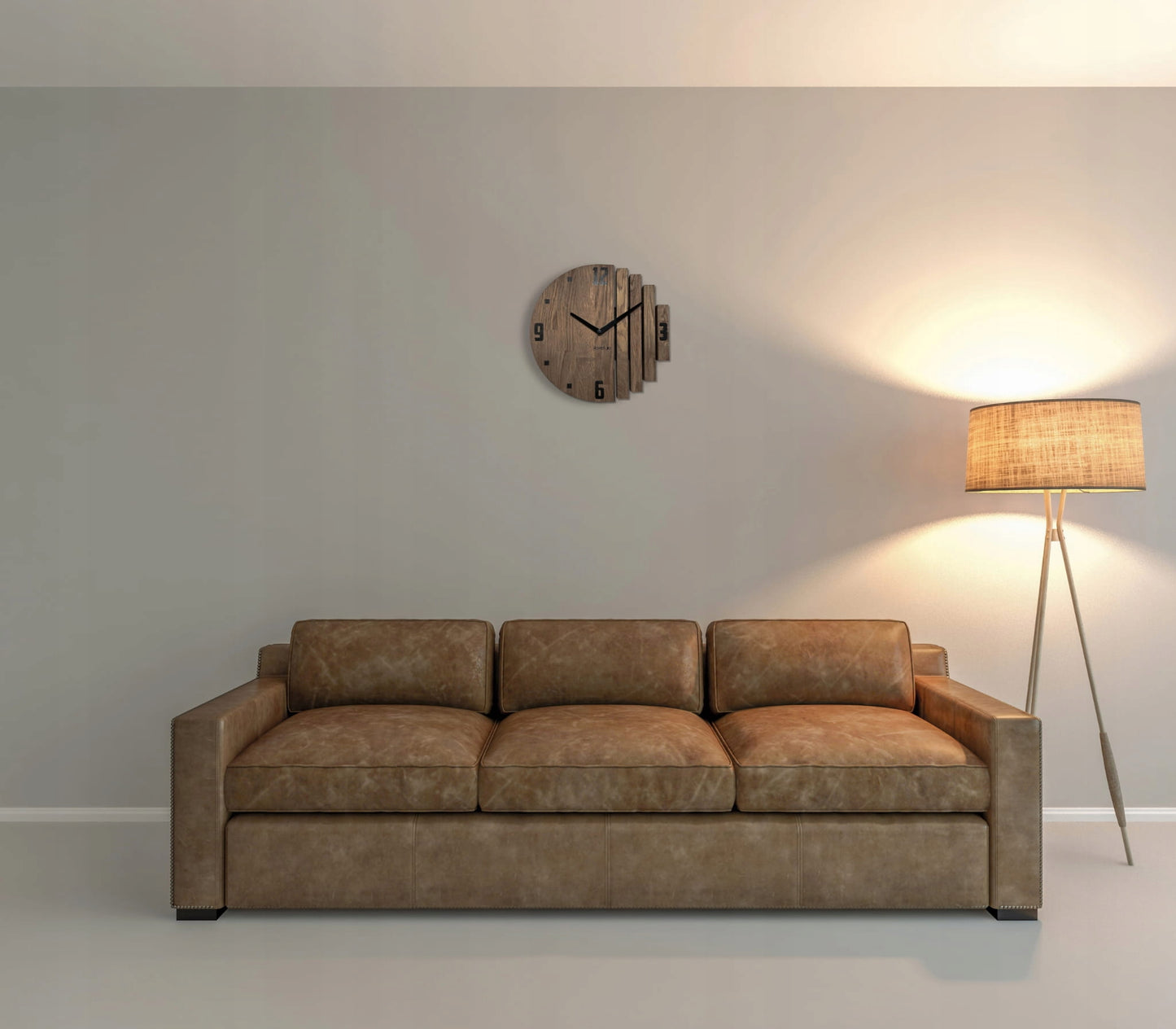 Medinis sieninis laikrodis Asimetrija 30cm ąžuolinis rudas tylus skirtas svetainei