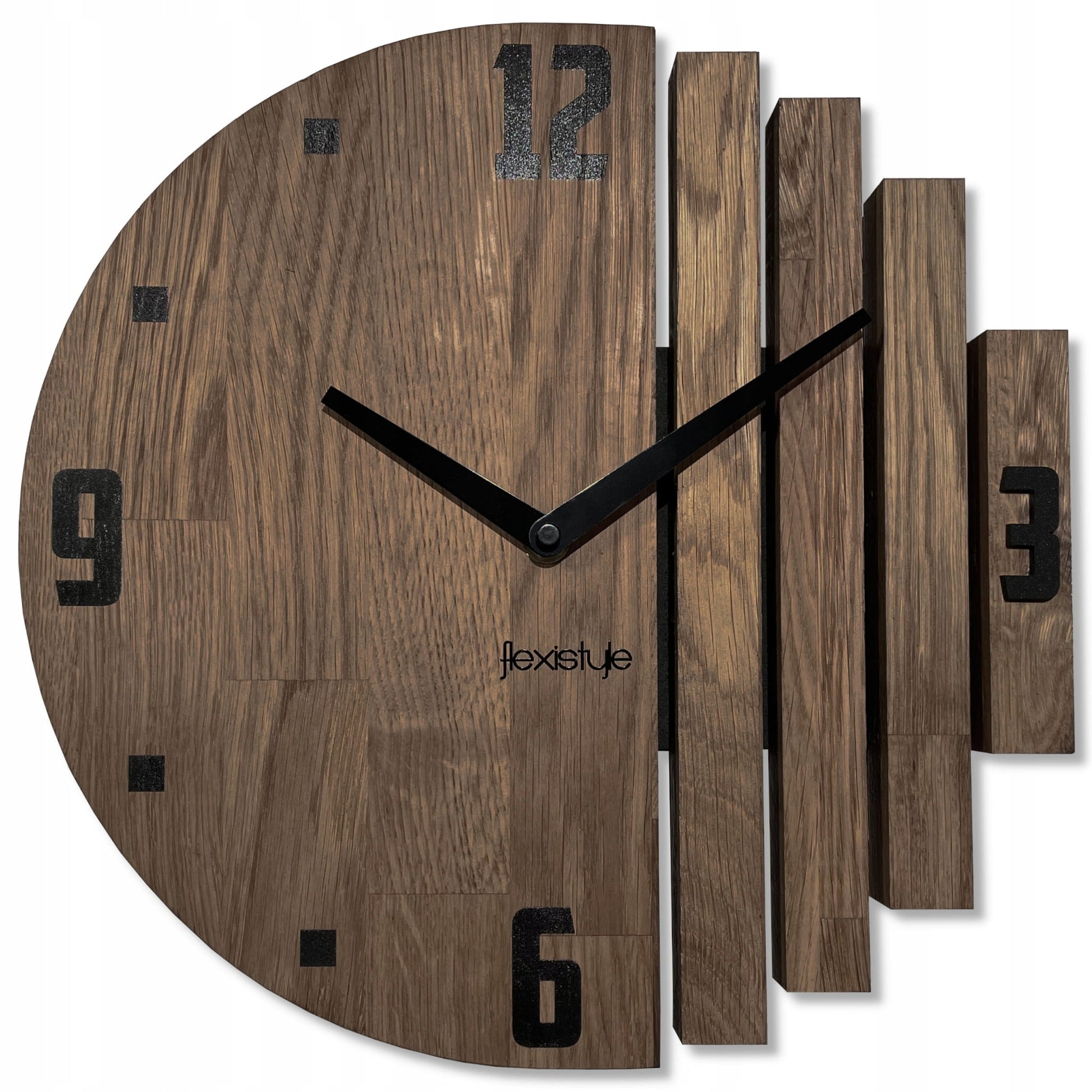 Medinis sieninis laikrodis Asimetrija 30cm ąžuolinis rudas tylus skirtas svetainei