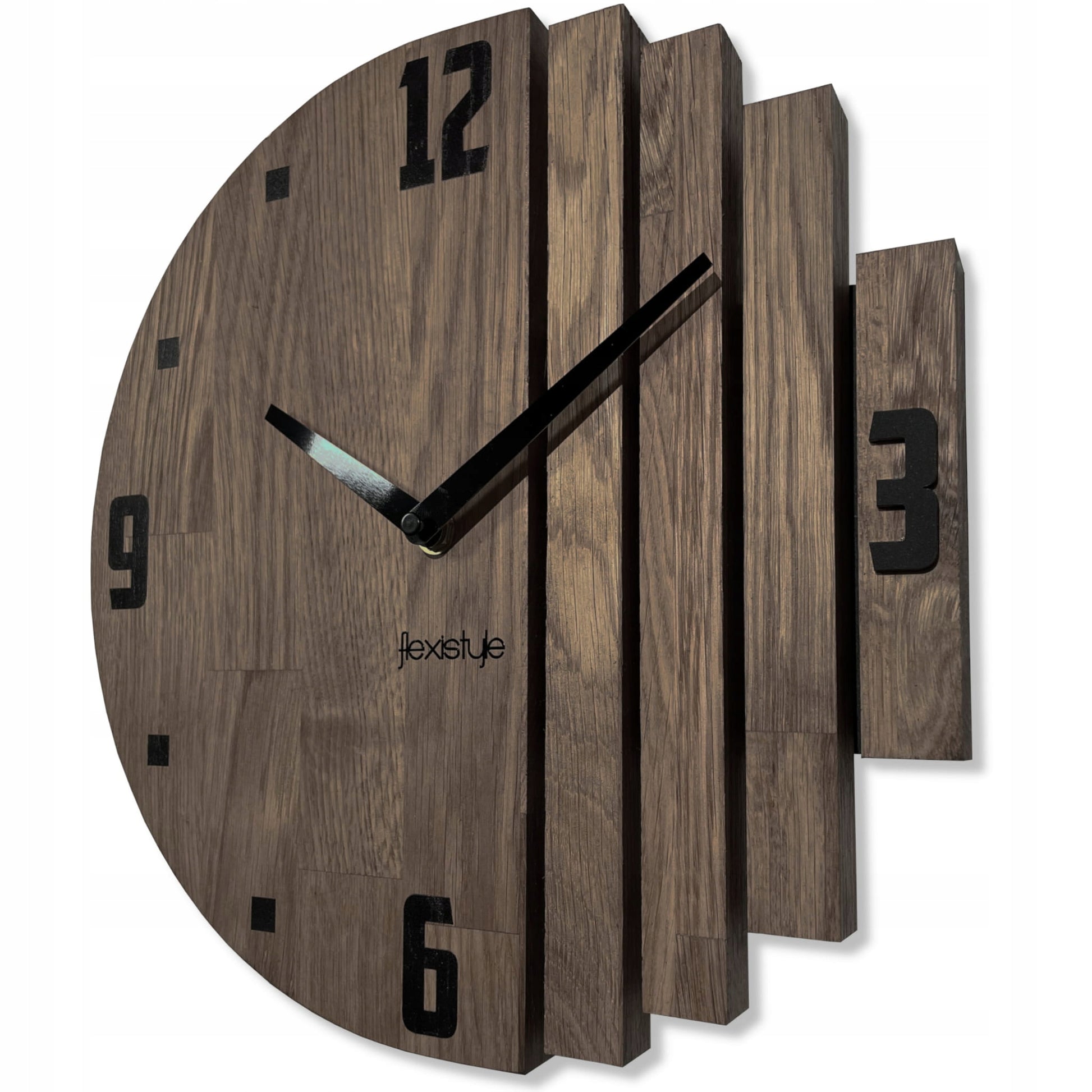 Medinis sieninis laikrodis Asimetrija 30cm ąžuolinis rudas tylus skirtas svetainei