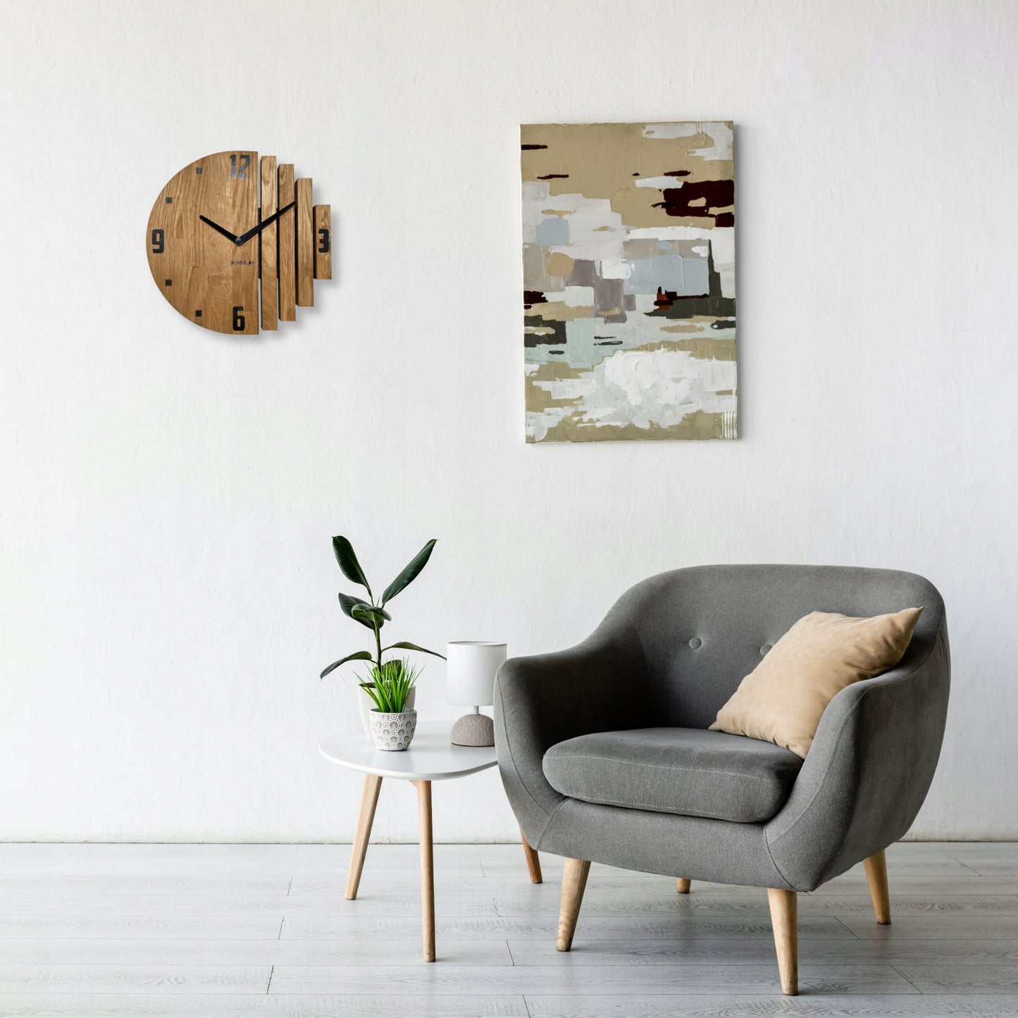 Medinis sieninis laikrodis Asimetrija 30cm ąžuolinis tylus svetainei