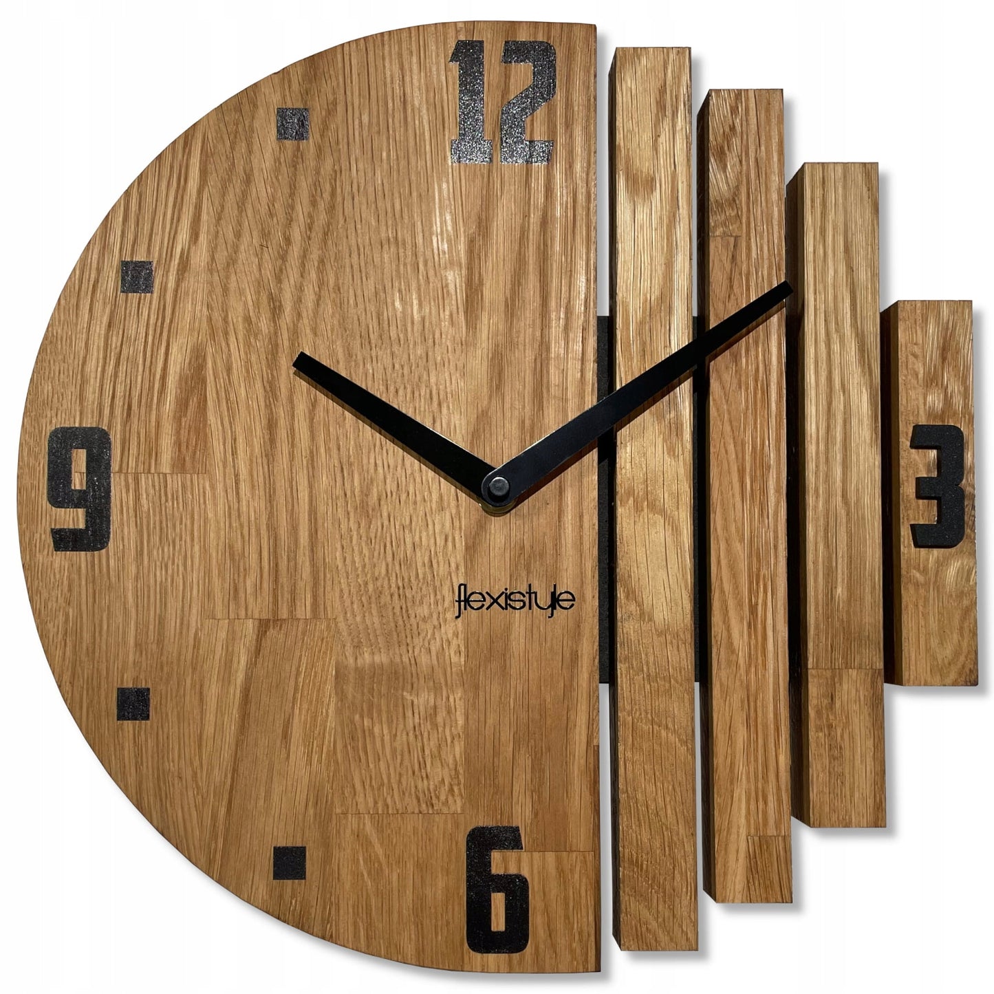 Medinis sieninis laikrodis Asimetrija 30cm ąžuolinis tylus svetainei