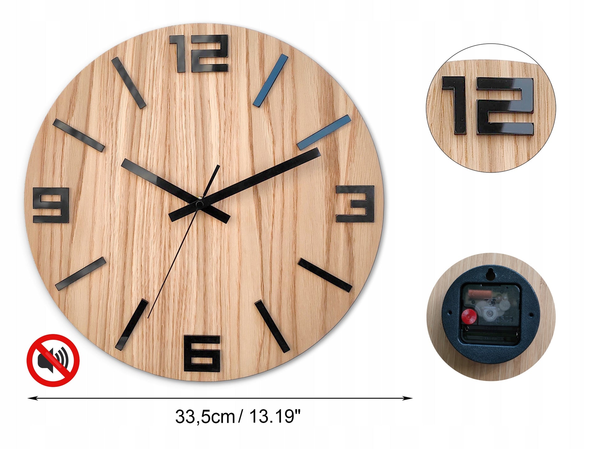 Medinis sieninis laikrodis Ąžuolinis ARABIK - 33 cm tylus, svetainės laikrodis