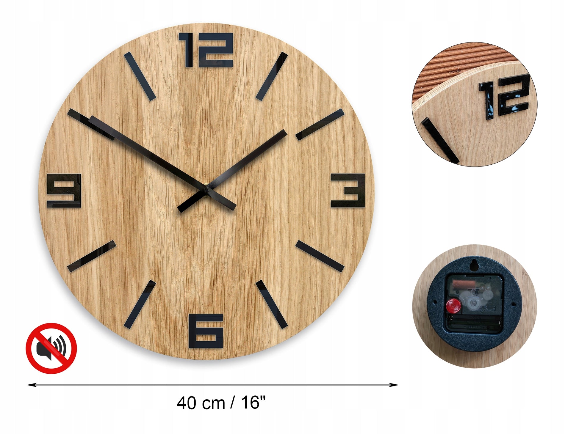 Medinis sieninis laikrodis Ąžuolinis ARABIC - 40 cm tylus, laikrodis svetainei