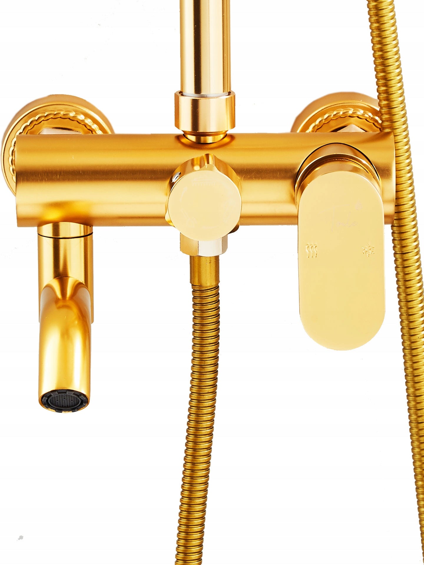 Auksinis Dušo Komplektas, Stulpas, Maišytuvas, Lietaus Galvutė, Dušelis 1,5m, Loft, CE