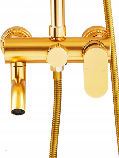 Auksinis Dušo Komplektas, Stulpas, Maišytuvas, Lietaus Galvutė, Dušelis 1,5m, Loft, CE