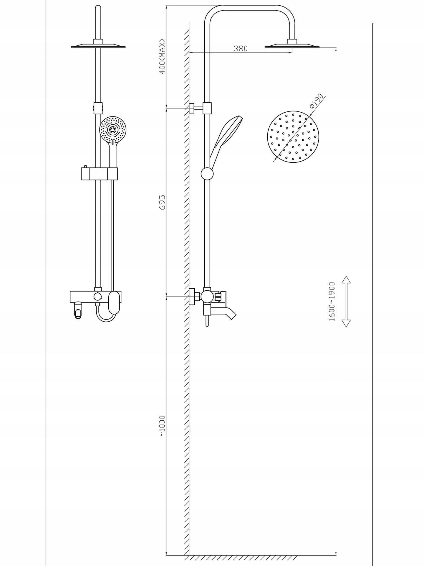 Auksinis Dušo Komplektas, Stulpas, Maišytuvas, Lietaus Galvutė, Dušelis 1,5m, Loft, CE