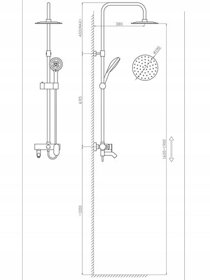 Auksinis Dušo Komplektas, Stulpas, Maišytuvas, Lietaus Galvutė, Dušelis 1,5m, Loft, CE