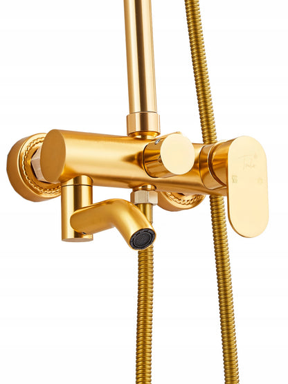Auksinis Dušo Komplektas, Stulpas, Maišytuvas, Lietaus Galvutė, Dušelis 1,5m, Loft, CE