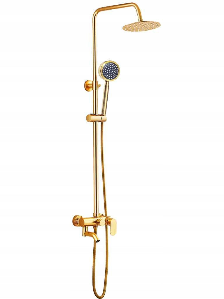 Auksinis Dušo Komplektas, Stulpas, Maišytuvas, Lietaus Galvutė, Dušelis 1,5m, Loft, CE