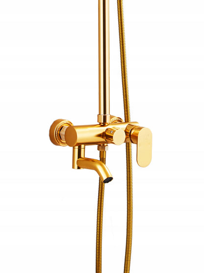 Auksinis Dušo Komplektas, Stulpas, Maišytuvas, Lietaus Galvutė, Dušelis 1,5m, Loft, CE