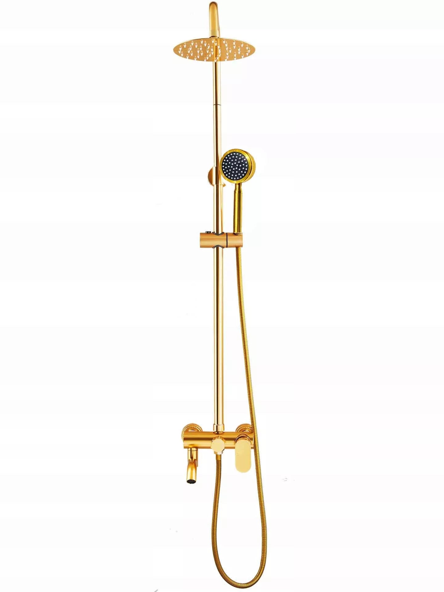 Auksinis Dušo Komplektas, Stulpas, Maišytuvas, Lietaus Galvutė, Dušelis 1,5m, Loft, CE