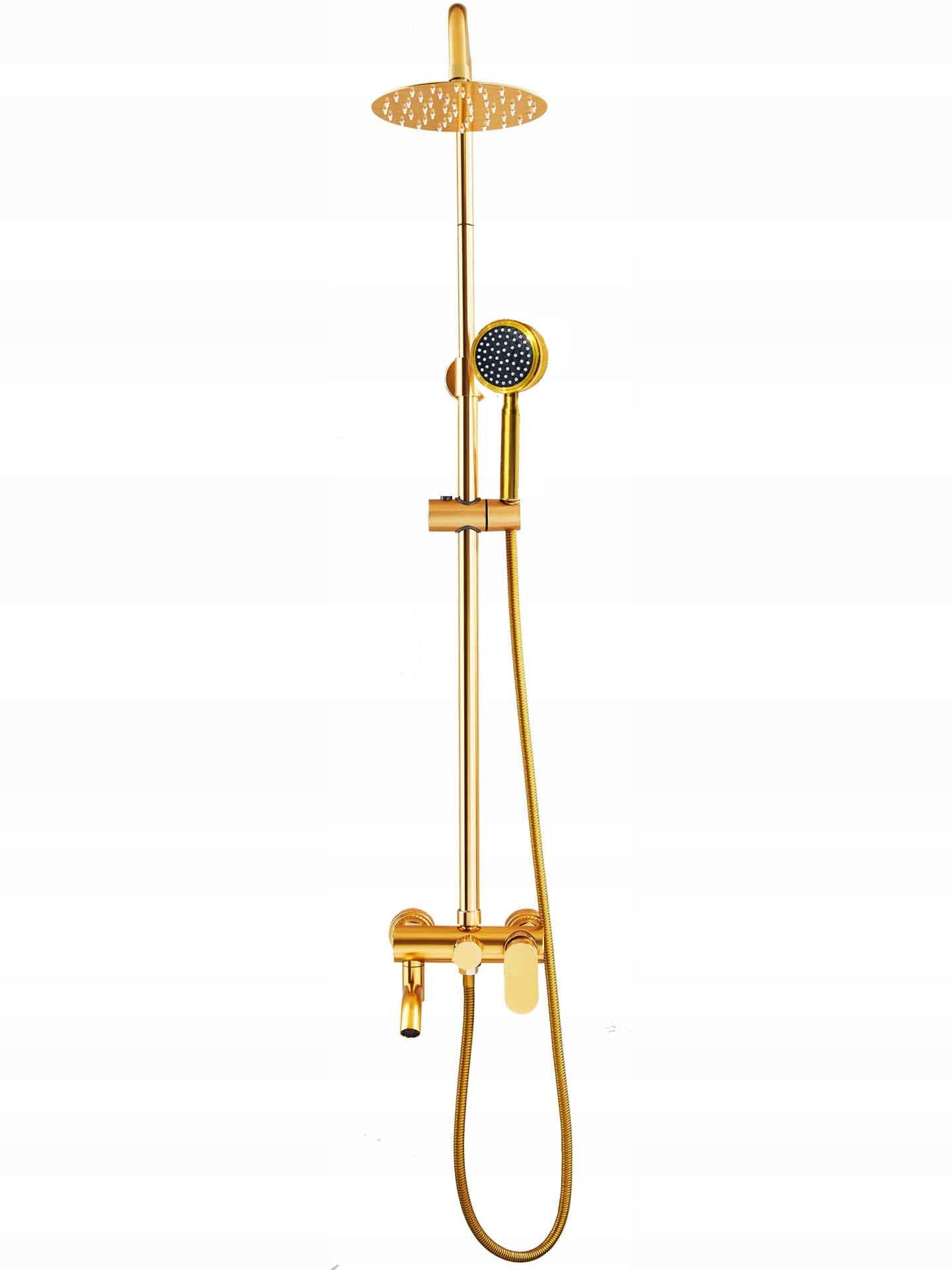 Auksinis Dušo Komplektas, Stulpas, Maišytuvas, Lietaus Galvutė, Dušelis 1,5m, Loft, CE