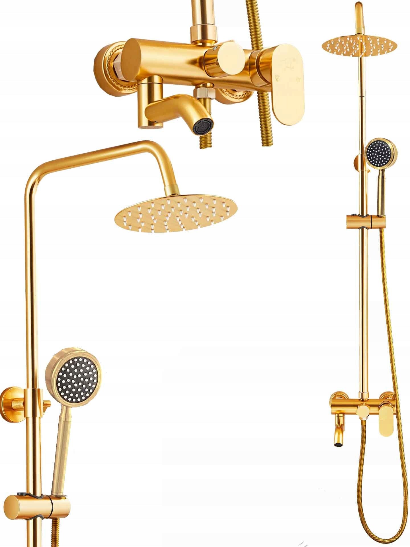 Auksinis Dušo Komplektas, Stulpas, Maišytuvas, Lietaus Galvutė, Dušelis 1,5m, Loft, CE