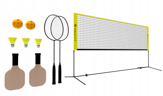 Rinkinys badmintonui ir pickleballui: tinklas, 4 raketės, plunksnos ir kamuoliukai