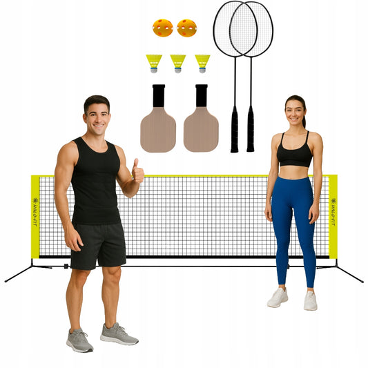 Rinkinys badmintonui ir pickleballui: tinklas, 4 raketės, plunksnos ir kamuoliukai