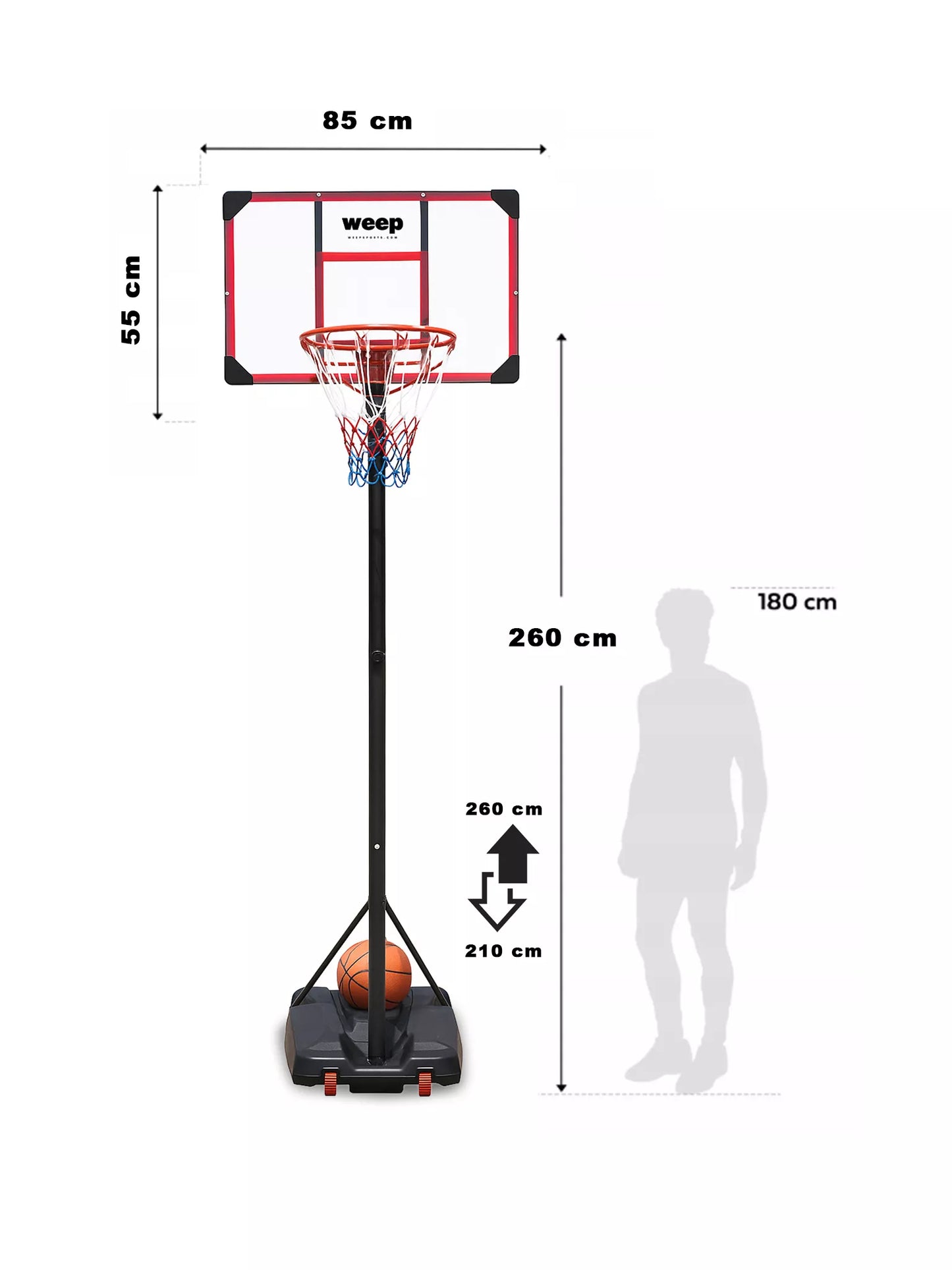 Krepšys krepšiniui WEEP TN001 reguliuojamas iki 260cm, mobilus 82x52cm
