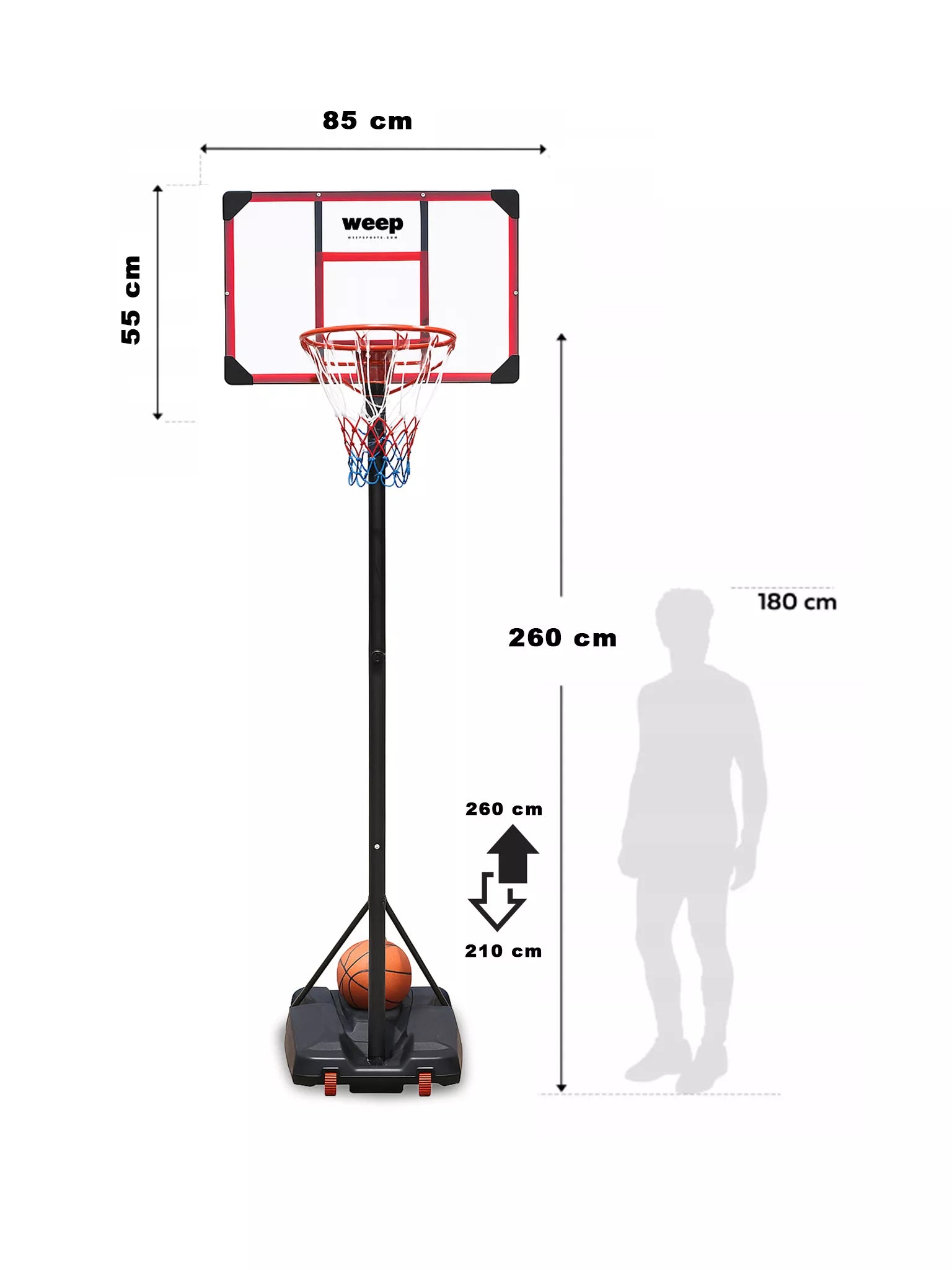 Krepšys krepšiniui WEEP TN001 reguliuojamas iki 260cm, mobilus 82x52cm