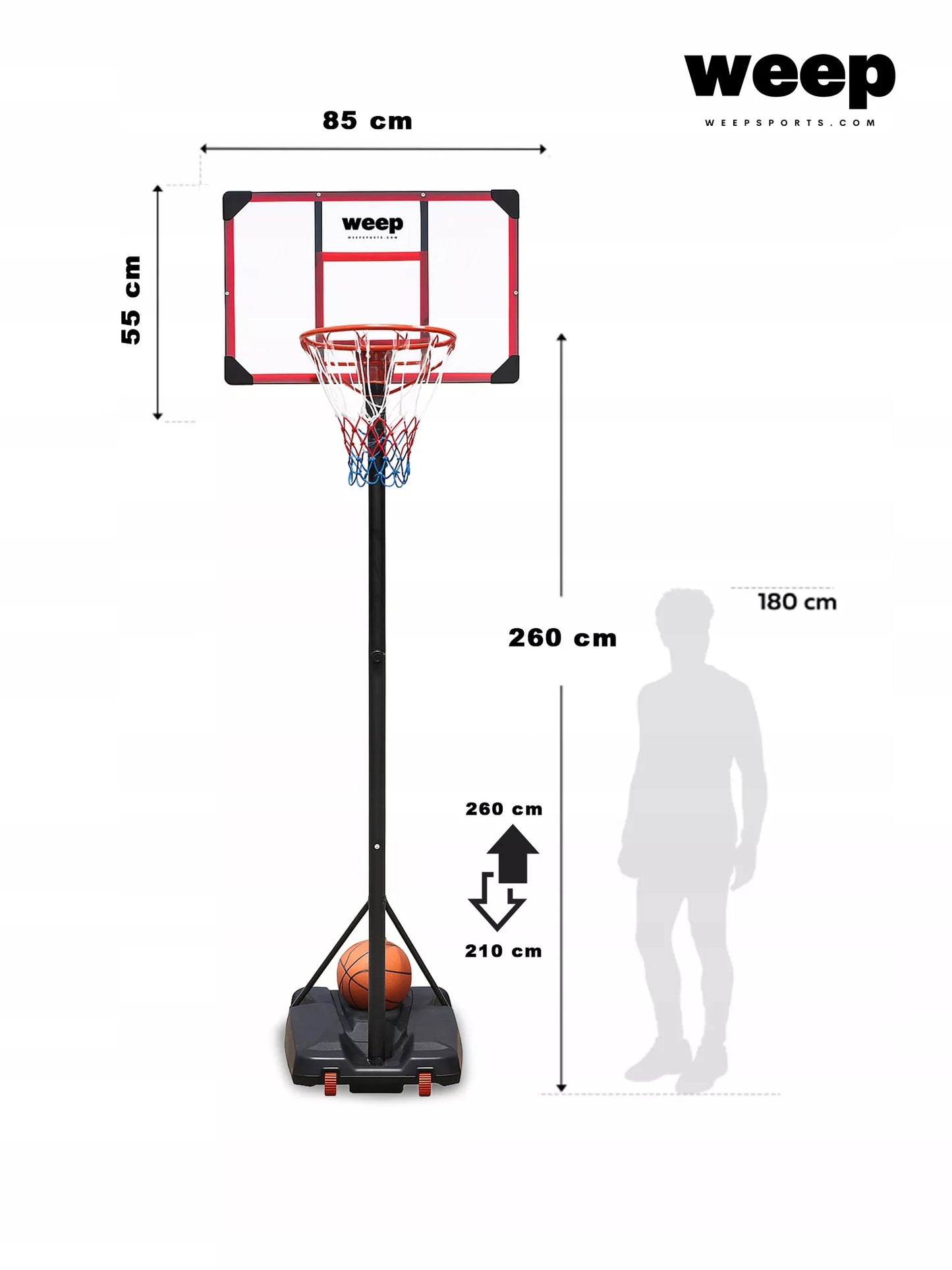 Krepšys krepšiniui WEEP TN001 reguliuojamas iki 260cm, mobilus 82x52cm