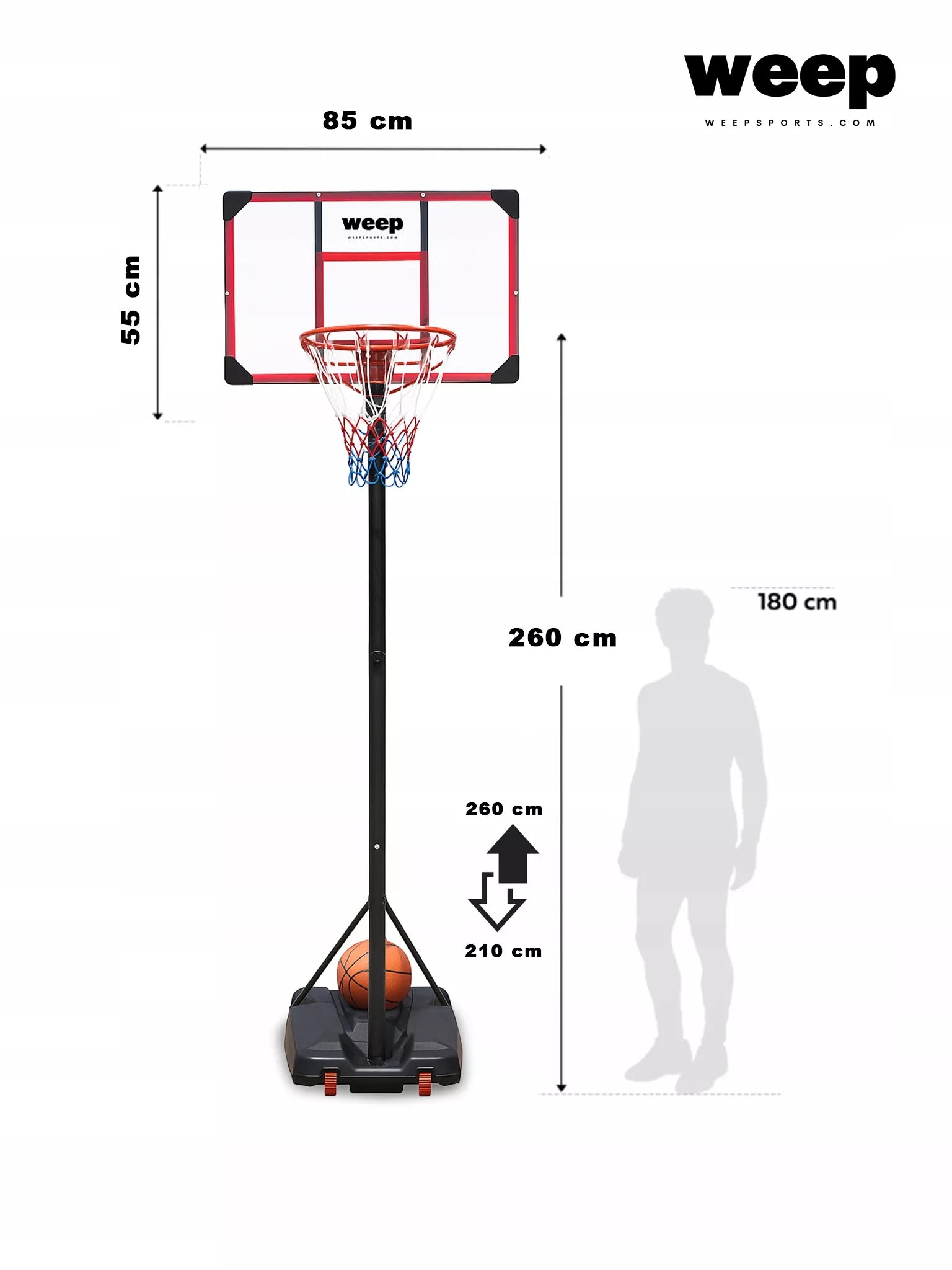 Krepšys krepšiniui WEEP TN001 reguliuojamas iki 260cm, mobilus 82x52cm