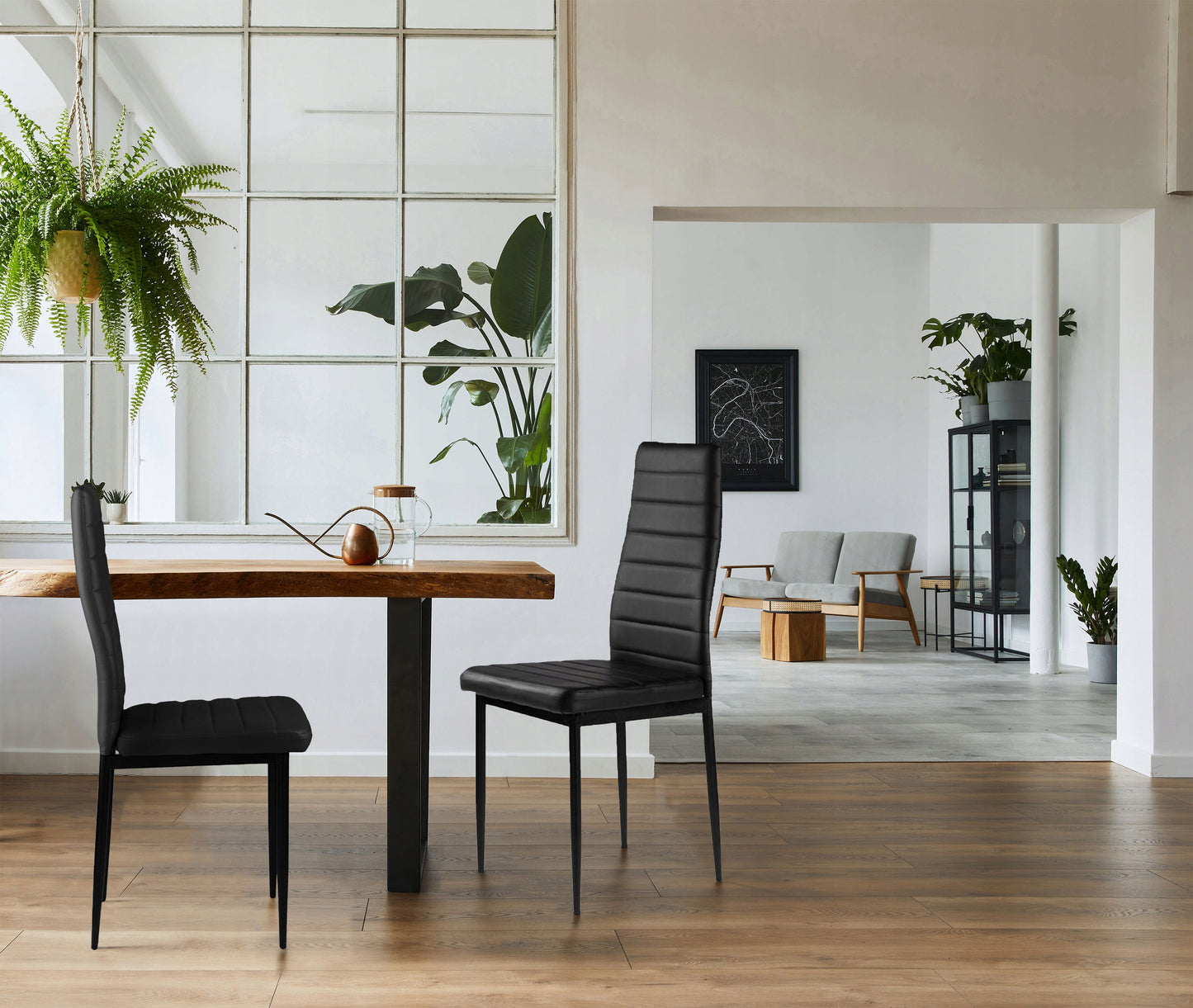 4 vnt. juodų ekoodos kėdžių komplektas su aukšta atlošo atrama svetainei ir valgomajam