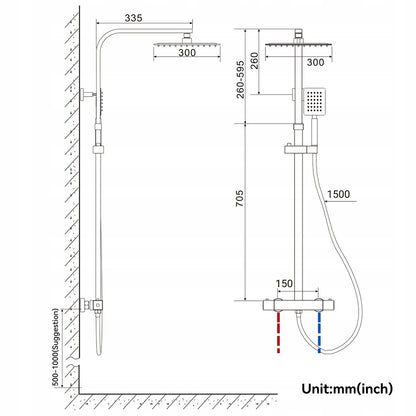 Dušo komplektas su termostatu iš nerūdijančio plieno, reguliuojamas aukštis 96,5–130 cm