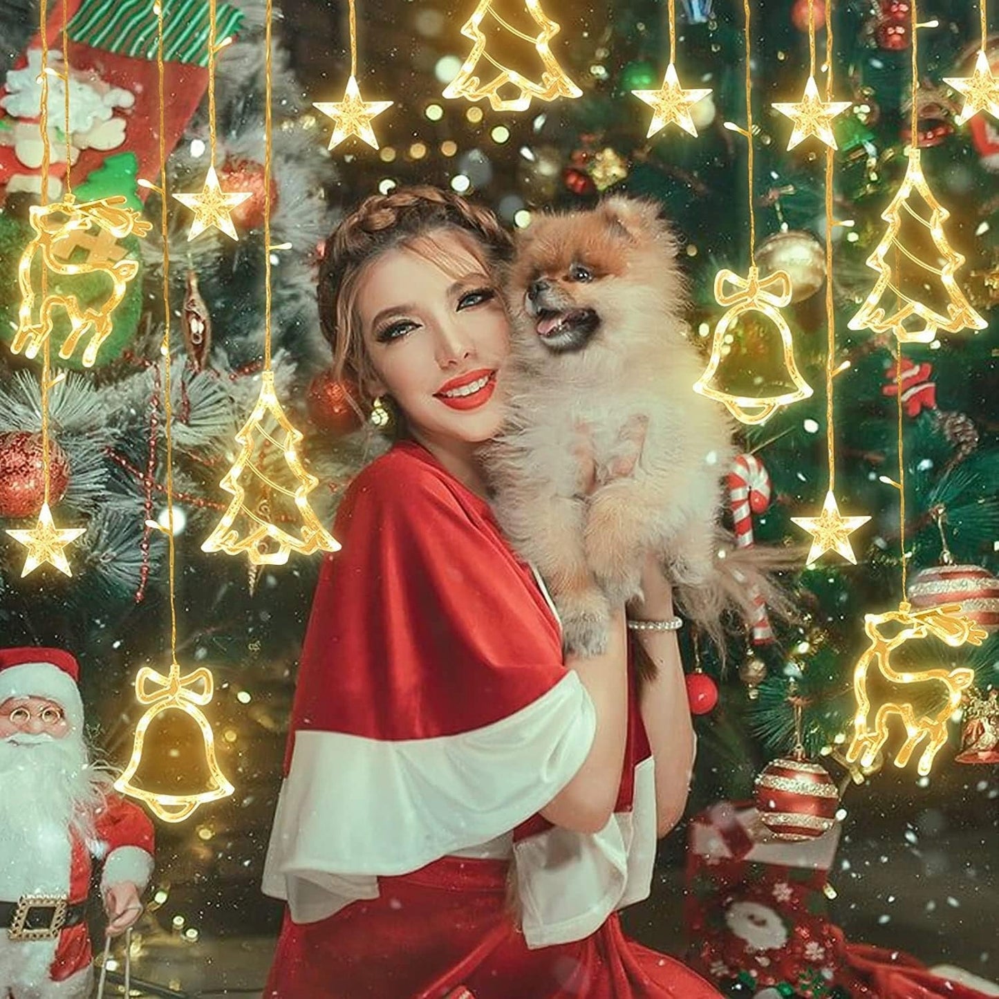 Kalėdinė girlianda užuolaida su briedžiais, elniukais, varpeliais ir eglutėmis