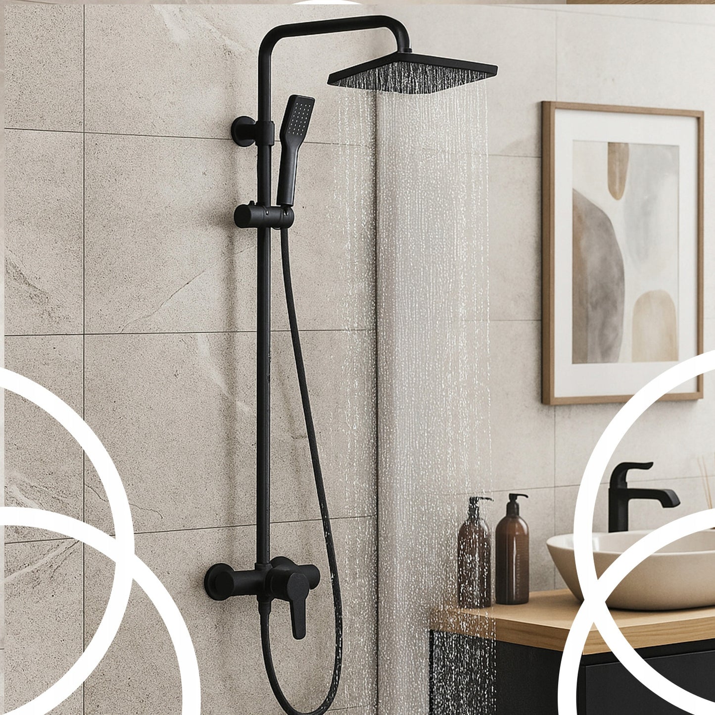 Juodas sieninis dušo komplektas su lietaus ir rankine galvutėmis