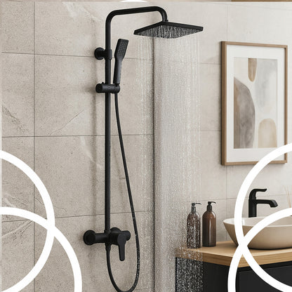 Juodas sieninis dušo komplektas su lietaus ir rankine galvutėmis