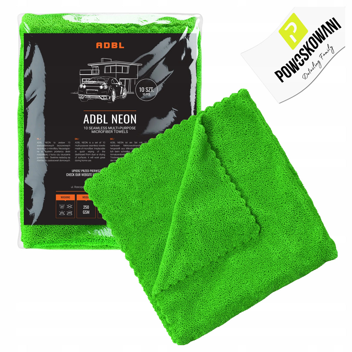 ADBL NEON besiūlės mikropluošto šluostės automobiliui, 10 vnt., 40 × 40 cm, 250 g/m²