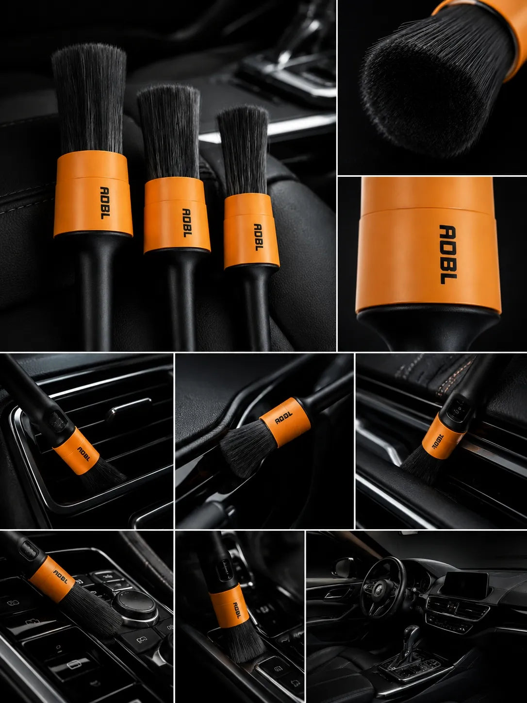 ADBL Round Detailing Brush – 6 šepetėlių rinkinys (2 × 3 dydžių) automobilio sunkiai pasiekiamoms vietoms
