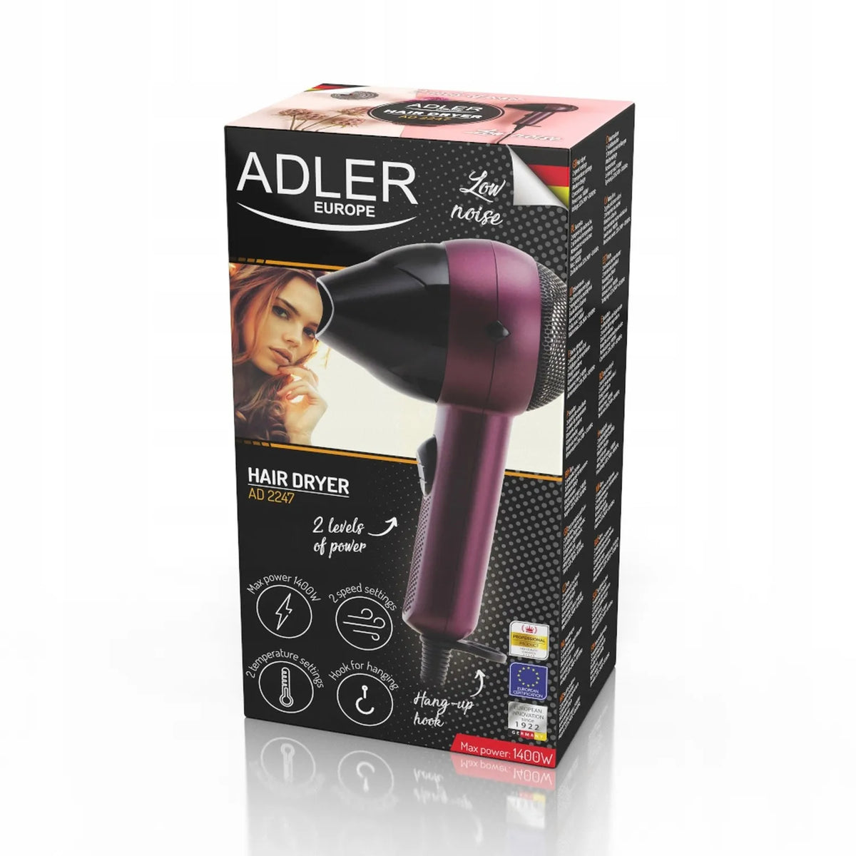Adler AD 2247 kelioninis plaukų džiovintuvas, 1400 W, su koncentratoriumi, tylus, 2 galios lygiai