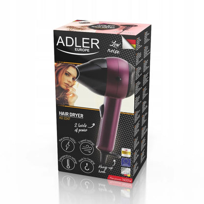Adler AD 2247 kelioninis plaukų džiovintuvas, 1400 W, su koncentratoriumi, tylus, 2 galios lygiai