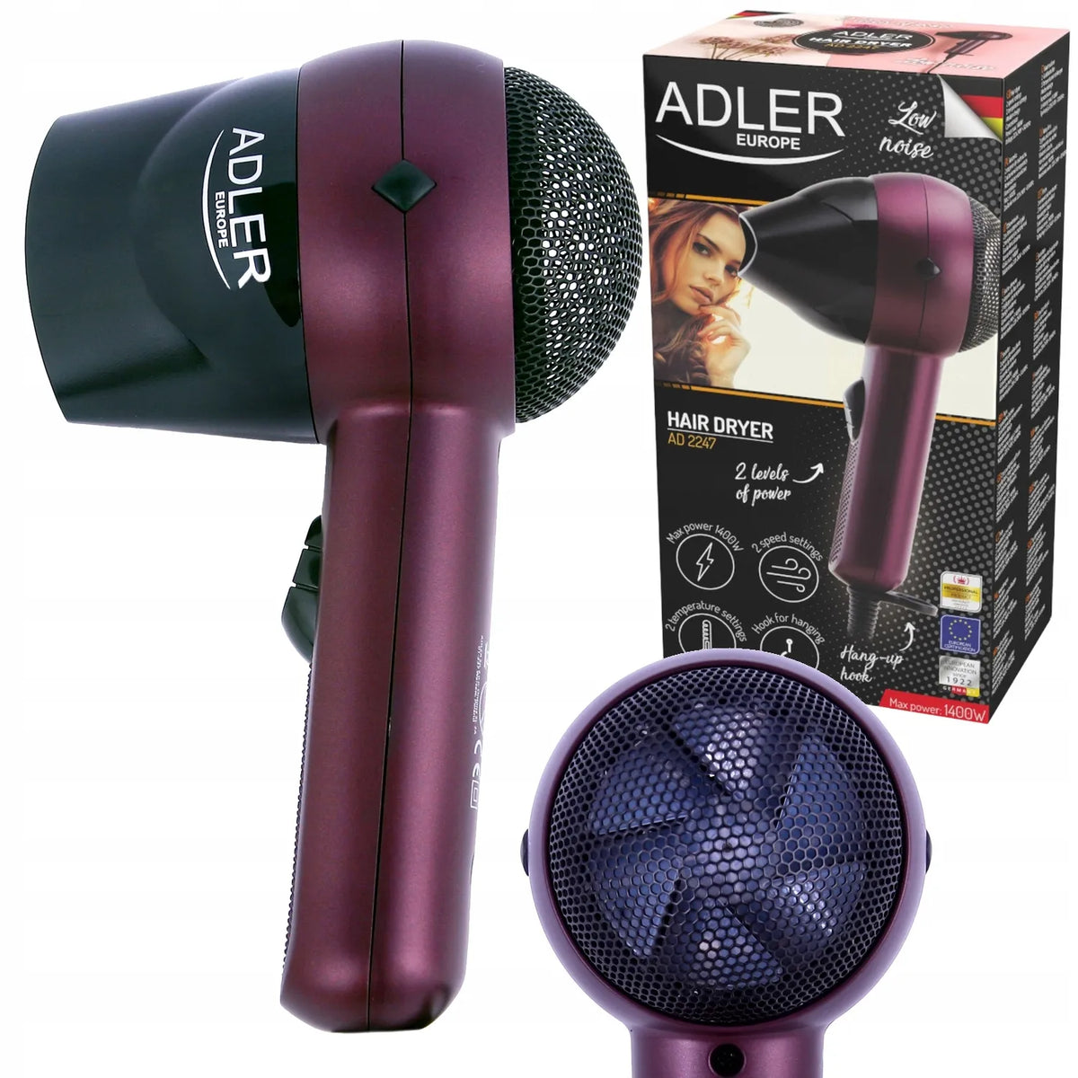 Adler AD 2247 kelioninis plaukų džiovintuvas, 1400 W, su koncentratoriumi, tylus, 2 galios lygiai