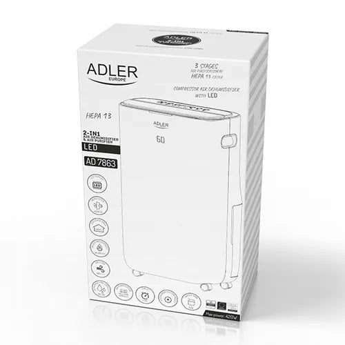 ADLER AD 7863 automatinis oro sausintuvas ir valytuvas, 25 l/24 val., iki 60 m², 6,5 l talpykla, laikmatis